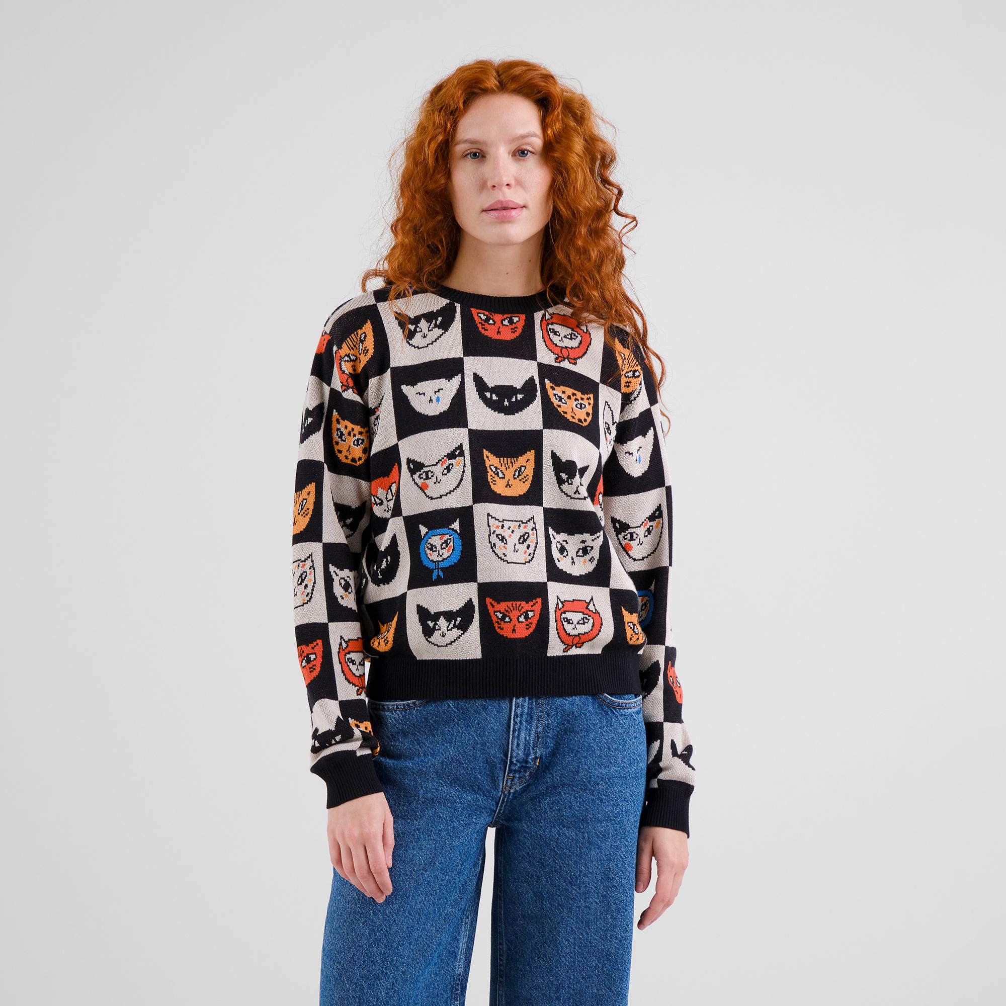 Dedicated Arendal Cat Bingo Multi Color Damen Strickpullover schwarz